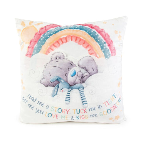 Decorative pillow with a cartoon elephant, rainbow, and text on a white background