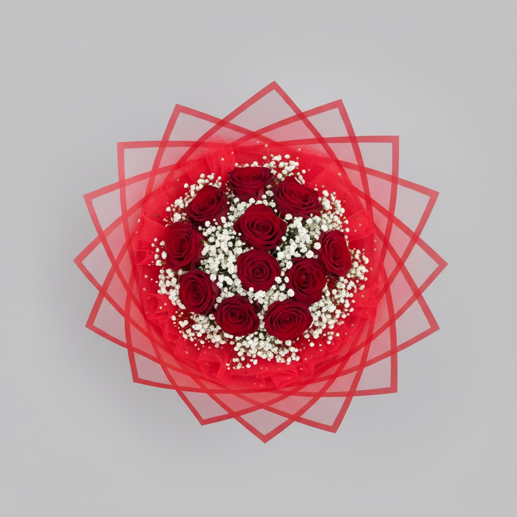 Bouquet of red roses with white flowers on a gray background